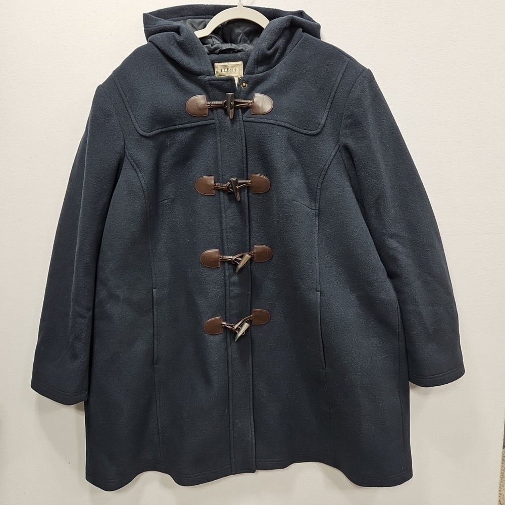 L.L. Bean‎ Womens Classic Lambswool Duffel Coat 3X Plus Navy Blue Hood 284400